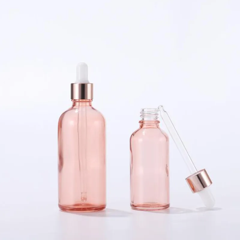 Bouteilles en verre compte-gouttes en gros de 5 ml-100 ml de bouchon en or rose bouteille d'huile essentielle bouteille en verre liquide bouteille en verre en bouillon