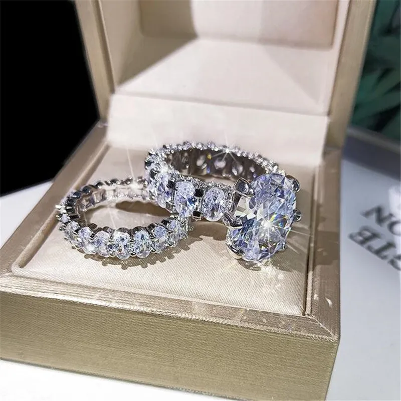 2021 New Sparkling Hot Sale Luxury Jewelry Couple Rings Large Oval Cut White Topaz CZ Diamond Gemstones Women Wedding Bridal Ring Set Gift