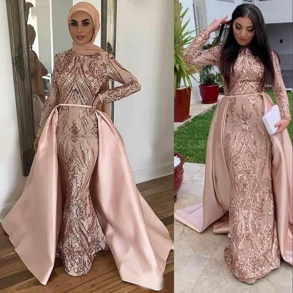 2021 Nouveau Blush Rose Or Rose Musulman Robes De Soirée Porter Avec Train Détachable Hijab Style Manches Longues Abaya Dubai Robe De Bal Robes De Soirée