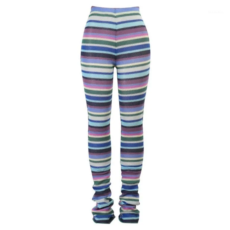 Calças de brim das mulheres Mulheres Altas Cintura Malha Calças Longas Multicolor Striped Hipster Skinny Plissado Calças Empilhadas Crochet Slim Streetwear