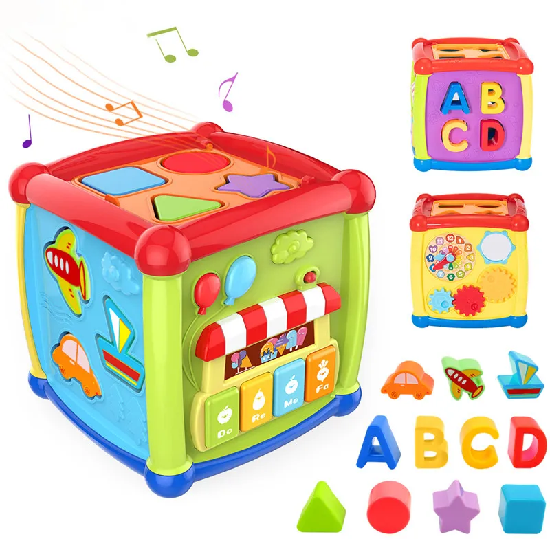 Multifuncional Musical Brinquedos Criança Caixa De Bebê Atividade Cubo Clock Geométrico Blocos Geométricos Classificação Iniciação Educacional Brinquedo Kids LJ201114