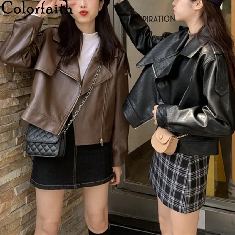 Colorfaith novo outono inverno mulheres jaquetas de couro Outerwear Zipper Estilo Coreano Subro Faux Couro Curto Tops JK743 210201