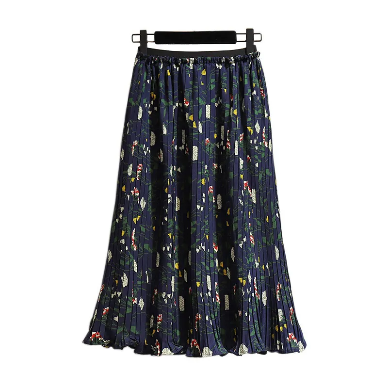 Plus Size Skirts for Women 4xl 5xl 6xl Flexible Waist Print Summer New Small Flowers Loose Thin Pleated Chiffon Skirt T200712