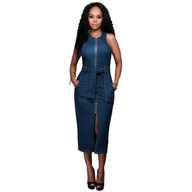 Abiti casual Sexy Large O-Collo Abito estivo senza maniche Club Party Denim Jeans Bodycon Donna Zip Up 2021 Vestidos1