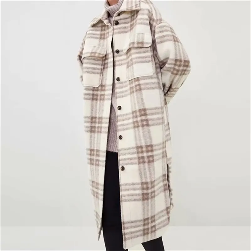 KUMSVAG Women Autumn Winter Plaid Shirts Wool Blends Coats Long Sleeve Pockets Female Casual Loose Outerwear Overcoat 201214