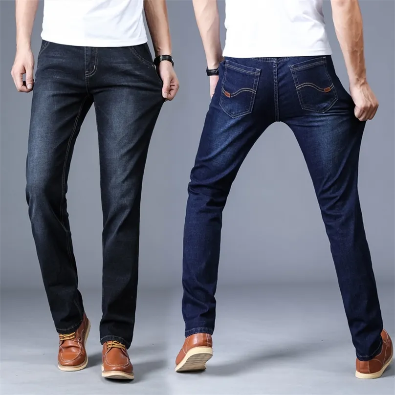 four seasons High Quality Cotton Denim Jeans men Solid color brand business Straight casual jean pants big size 28-40 220308