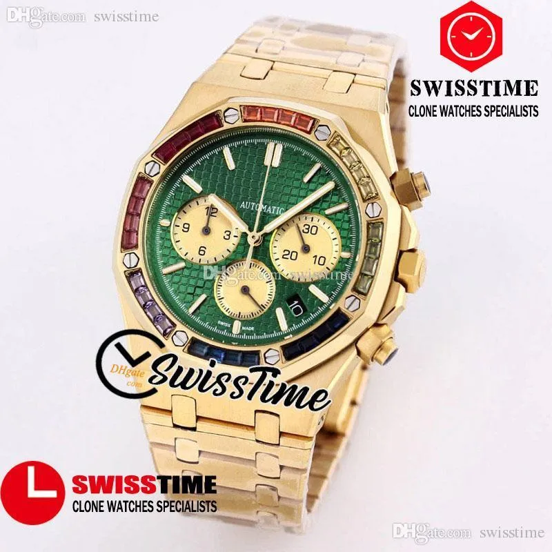 Vendita Nuovo 41mm Miyota Cronografo al quarzo Orologio da uomo Quadrante verde con texture Cronometro Arcobaleno Diamanti Lunetta Bracciale in acciaio inossidabile in oro giallo 18 carati SwissTime A01b2