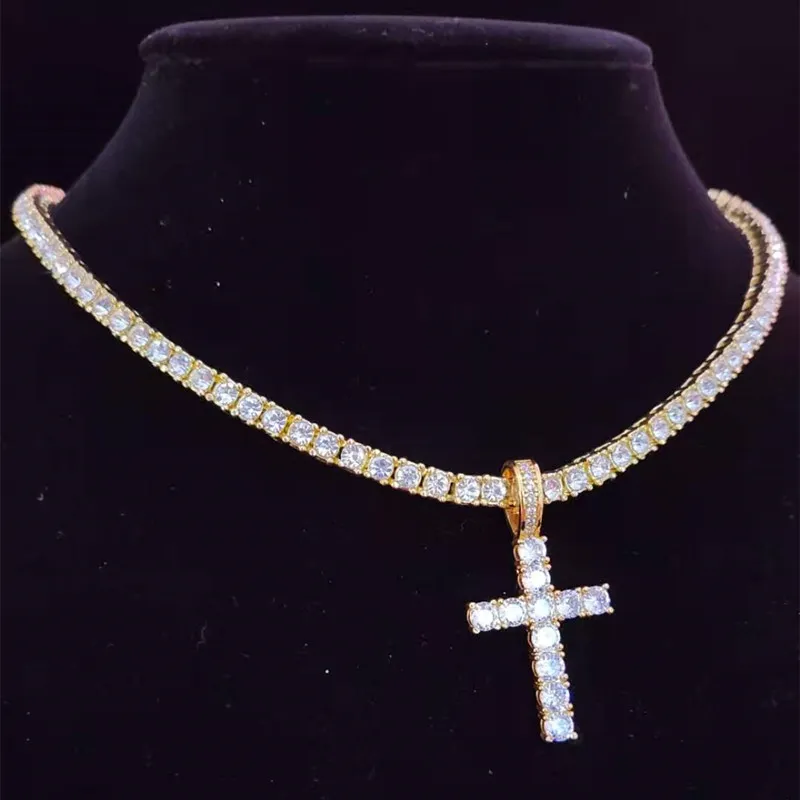 Colliers pendentifs hommes femmes Hip Hop collier croix avec chaîne de tennis en zircon de 4 mm glacé Bg HipHop bijoux cadeau de mode_voghion.com