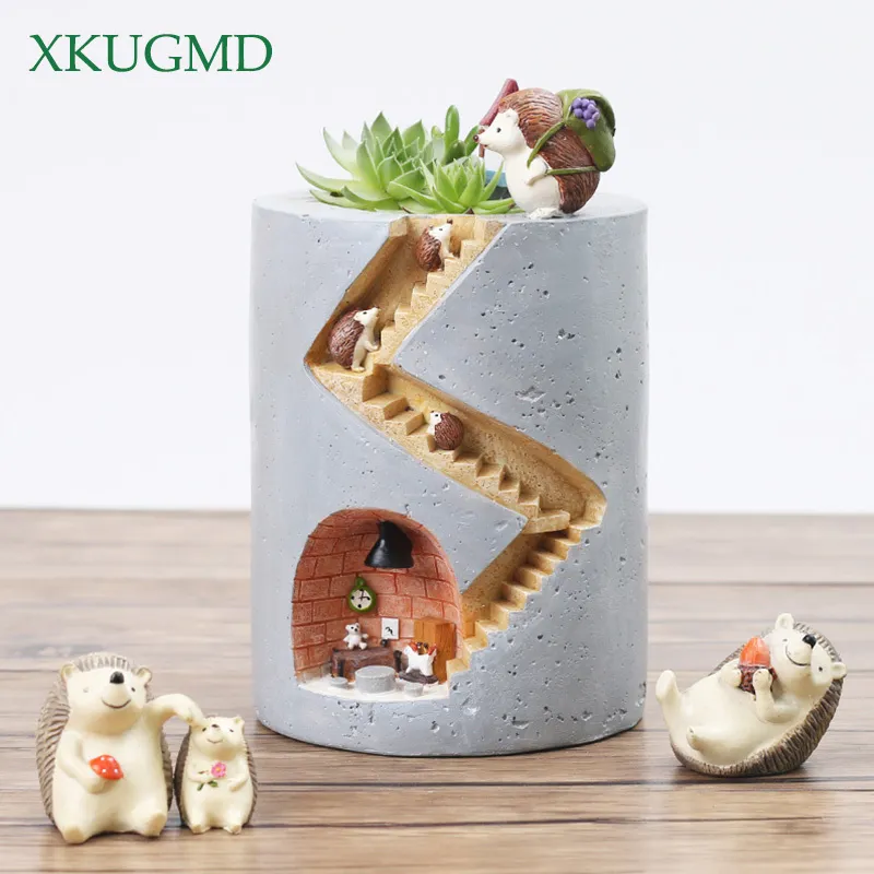 Cartoon Animals Resin Hydroponics Succulent Plant Hedgehog Flower Pot Planter Garden Craft Decor Micro Landscape Potted Plant Y200723