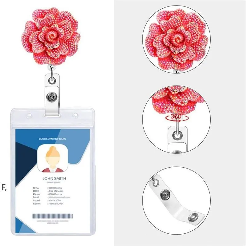 Retractable Badge Holder with Alligator Clip Flower Shaped AB Rhinestones 24 inch Retractable Cord ID Badges Reel School Office RRB13159