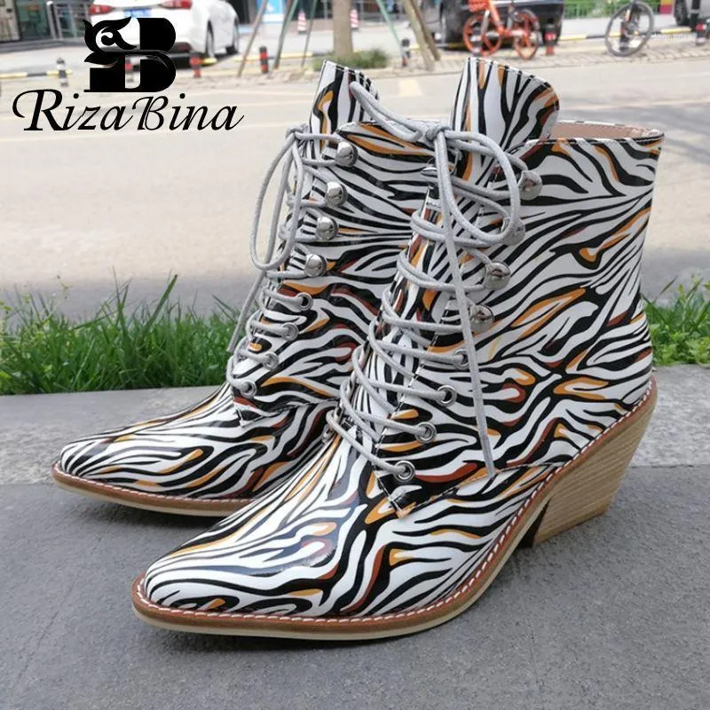 Сапоги Rizabina Brand Bandkle Женщины Зимняя Мода Зебра Распечатать Кружева Обувь Теплый Западный Высокий каблук Обувь 35-431