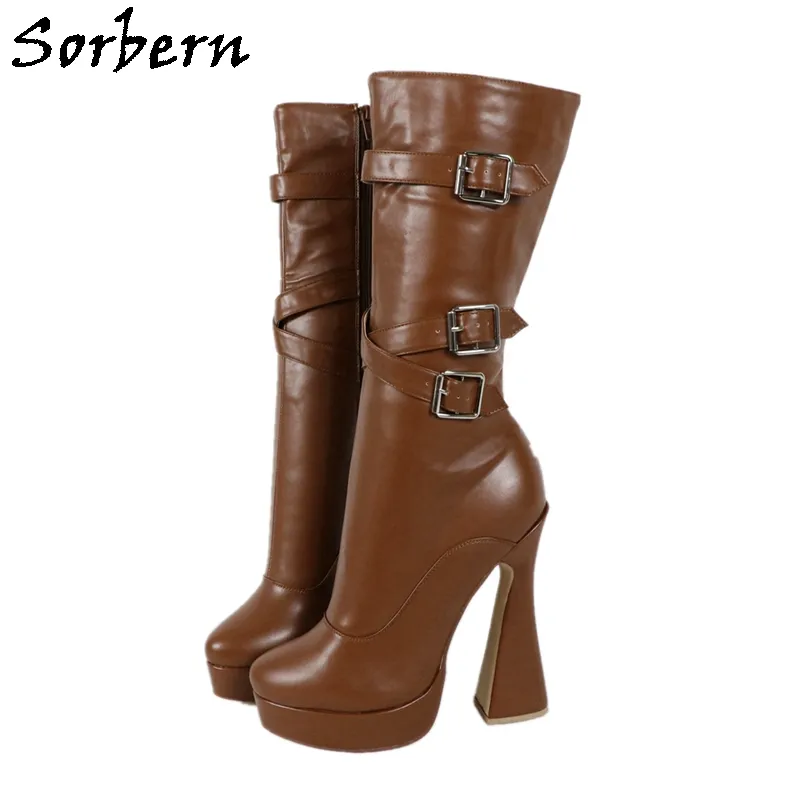 Sorbern Custom Mid Calf 부츠 이상한 발 뒤꿈치 트리플 스트랩 플랫폼 신발 드래그 퀸 코스프레 하이힐 신발 플러스 사이즈 15 16 17