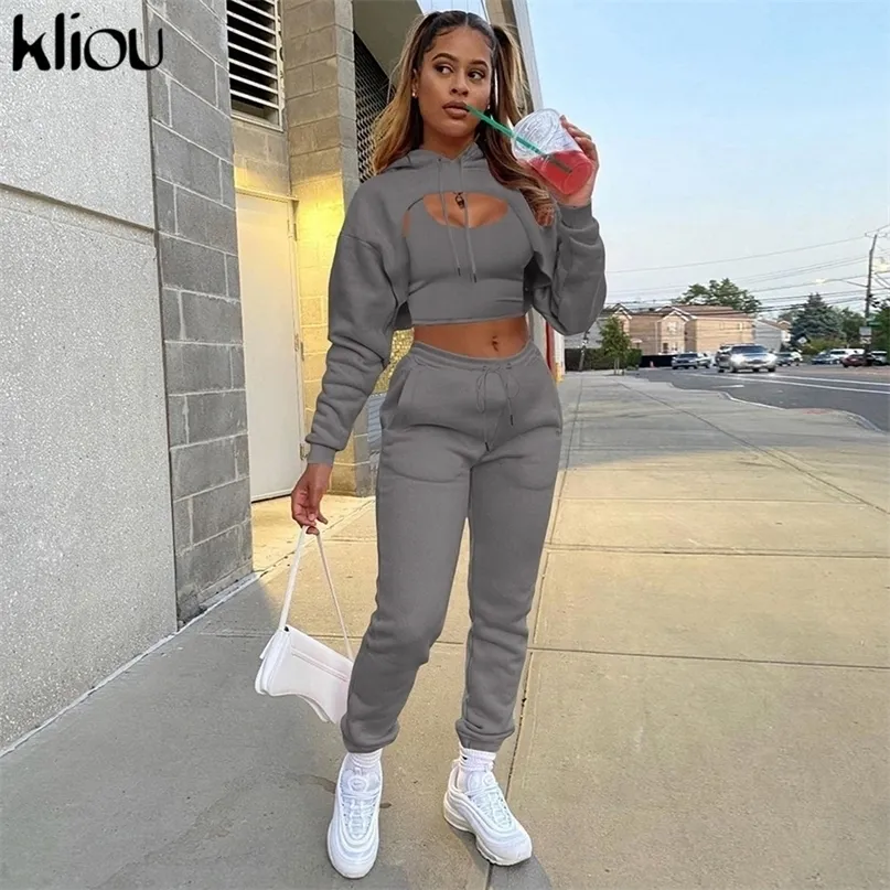 Kliou Harajuku Simple Trois Pièces Ensemble Femmes Automne Solide Pull À Capuche Top + Gilet Sans Manches Et Mince Taille Haute Pantalon Tenues 220315