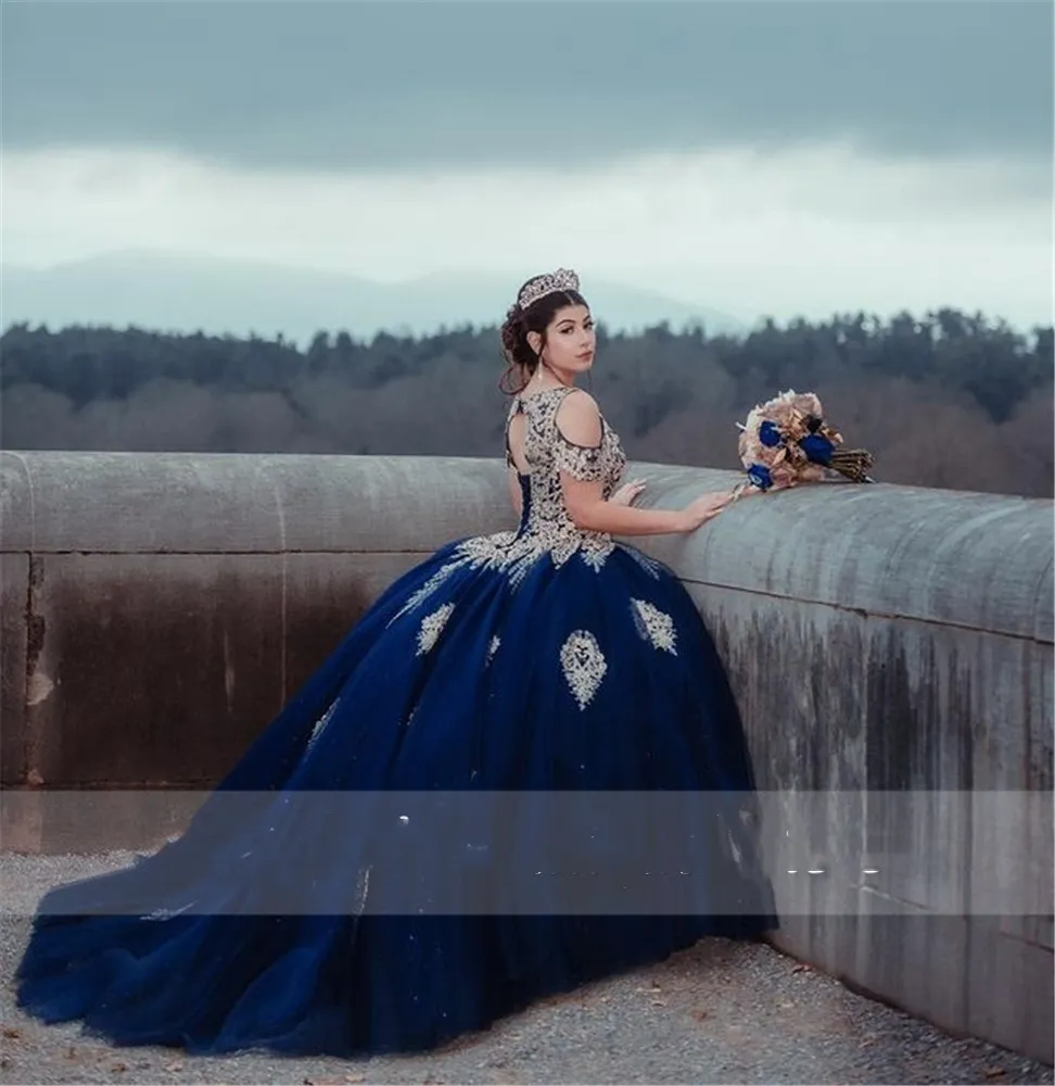 2021 Dark Navy Ball Gown Quinceanera Dresses Gold Lace Appliques Off Shoulder Vintage Princess Prom Gowns Sweet 16 Dress vestido de 15 anos