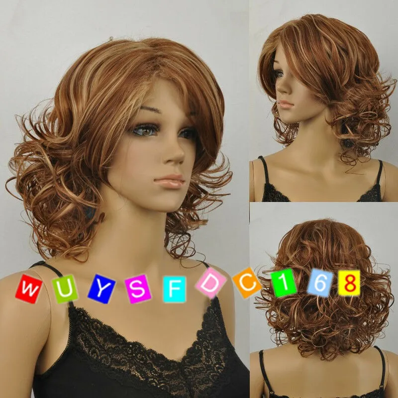 Kvinnors Sexiga Ladies Brown Mix Curly Short Natural Hair Full Wigs / Gratis Wig Cap