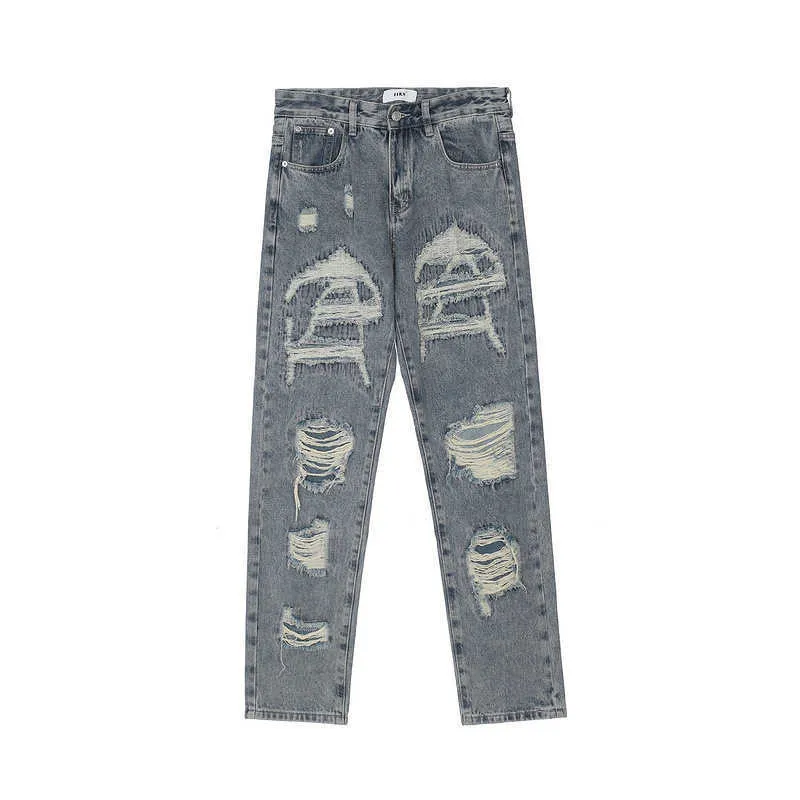 Jeans da uomo High street hip hop pasta di vento panno foro gatto barba tubo dritto jeans casual larghi