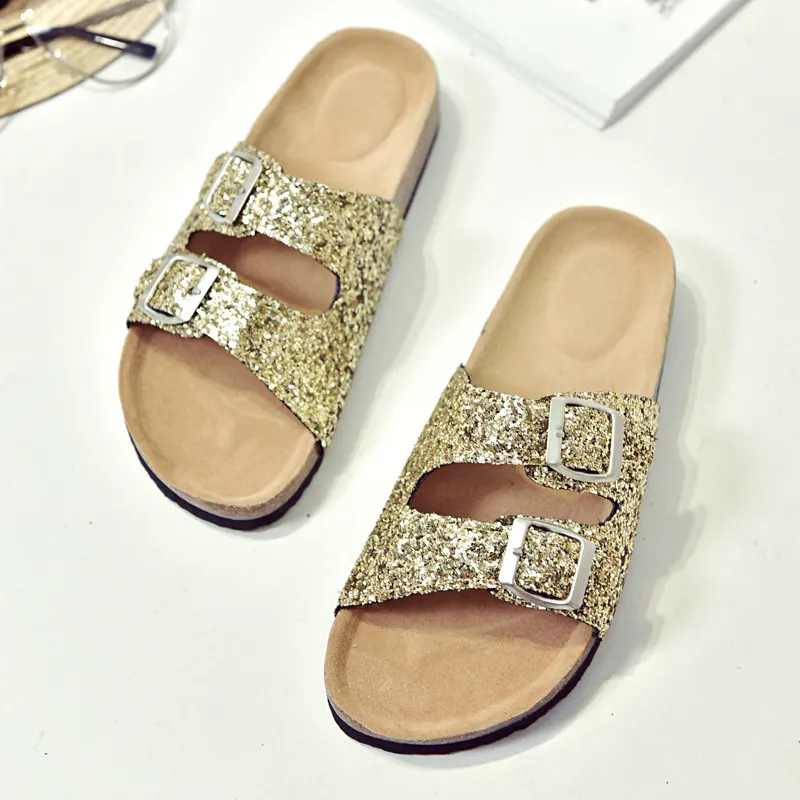 Summer Girls Street Cork Slippers Women Double Belt Sandals Glitter Slides Buckle Sandals Thong Flip Flops Flat Strappy Shoes X1020