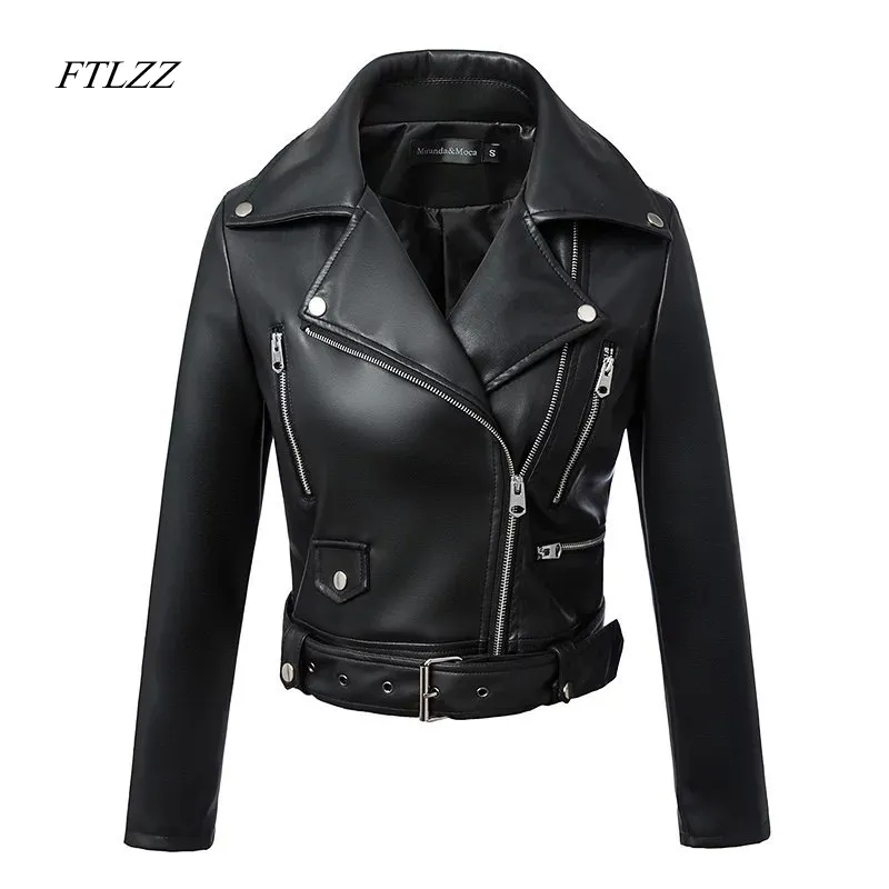 Nowe Kobiety Jesień Zima Czarne Faux Skórzane Kurtki Zipper Podstawowy Płaszcz Turn-Down Collar Motor Biker Kurtka z pasem