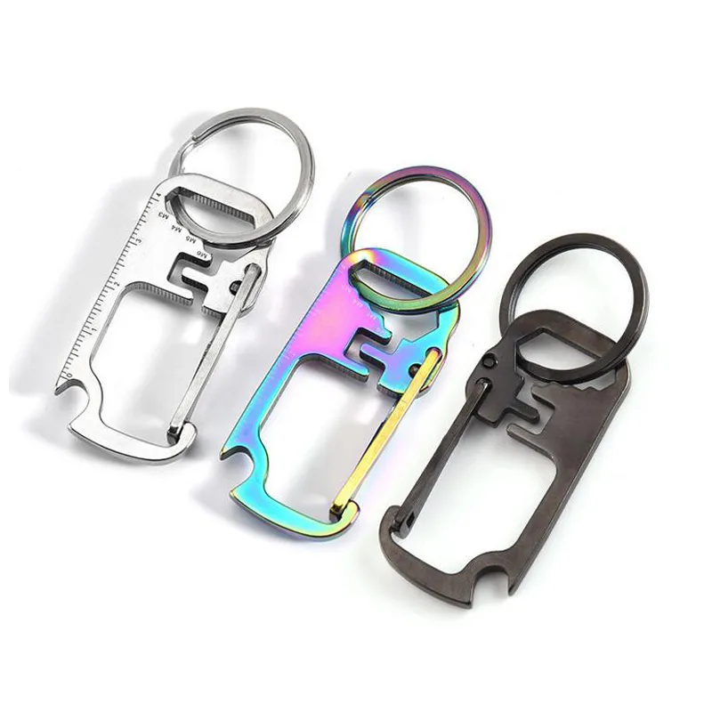 Porte-clés en acier inoxydable 3 couleurs EDC porte-clés multifonction avec clé ouvre-bouteille règle porte-clés porte-anneau