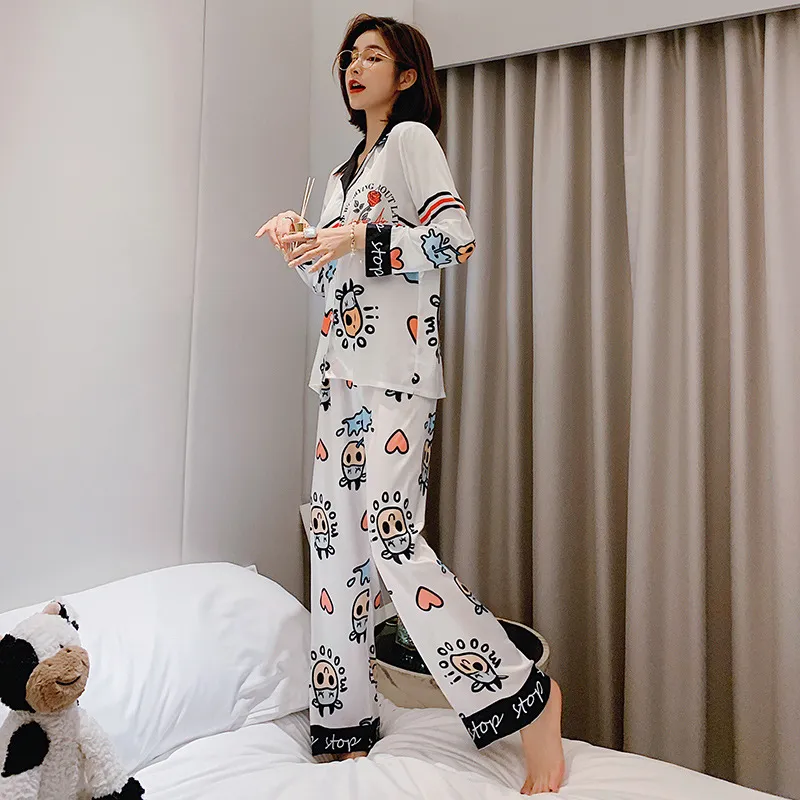 Cute Cow Print Pajama Set Imitation Silk Pajamas Suit Comfortable