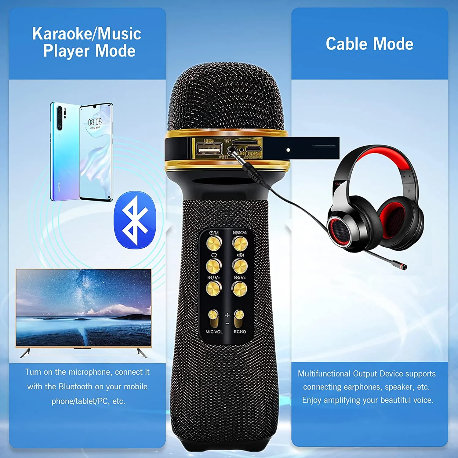 Microphone karaoké Bluetooth sans fil, 3-en-1 portable portable karaoké  micro haut-parleur machine anniversaire fête à la maison pour Android /  iphone / pc ou tous les smartphones