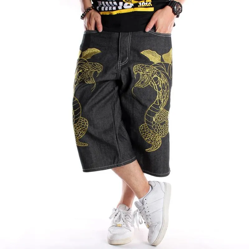 Verão solto perna larga calças de brim curtas dos homens hip-hop masculino skate swag baggy capri calças preto denim shorts tamanho grande 30-461254v