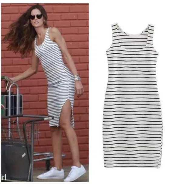 2022 Sommar gränsöverskridande klänning Utländsk handel Nya Kvinnors Slitage Stor Medium Och Lång Trend Lös Tryckta Ärmlös Casual Dresses Striped Split Dress