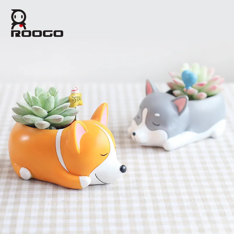 Roogo 8 chiens de dessin animé créatif vase à fleurs en résine succulente mignon animal endormi pour les élèves de l'école arrière planteur pot cadeau Y200723