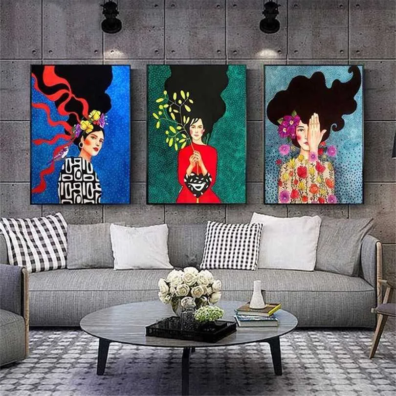 Vintage Abstract Girl Hair Flower Women Wall Art Canvas Painting Fashion Nordic Poster Pictures For Living Room Unframed 211222