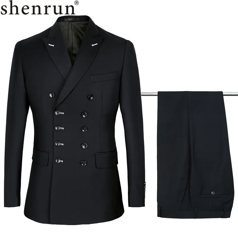 Shenrun Männer Anzüge Slim Fit Neue Mode Anzug Zweireiher Spitze Revers Marineblau Schwarz Hochzeit Bräutigam Party Prom Skinny Kostüm 201027