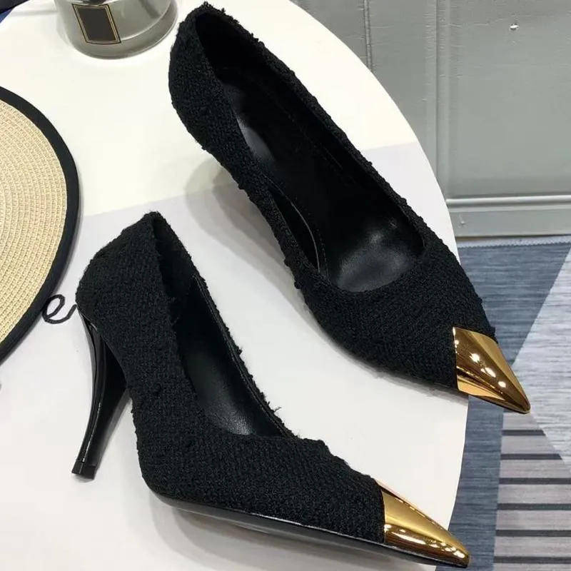 women Dress shoes fashion high heeled boat shoes Designer leather Stiletto heel heels 100% cowhide Metal Button Pointed Black Patent shoe Large size 34-41-42 With box