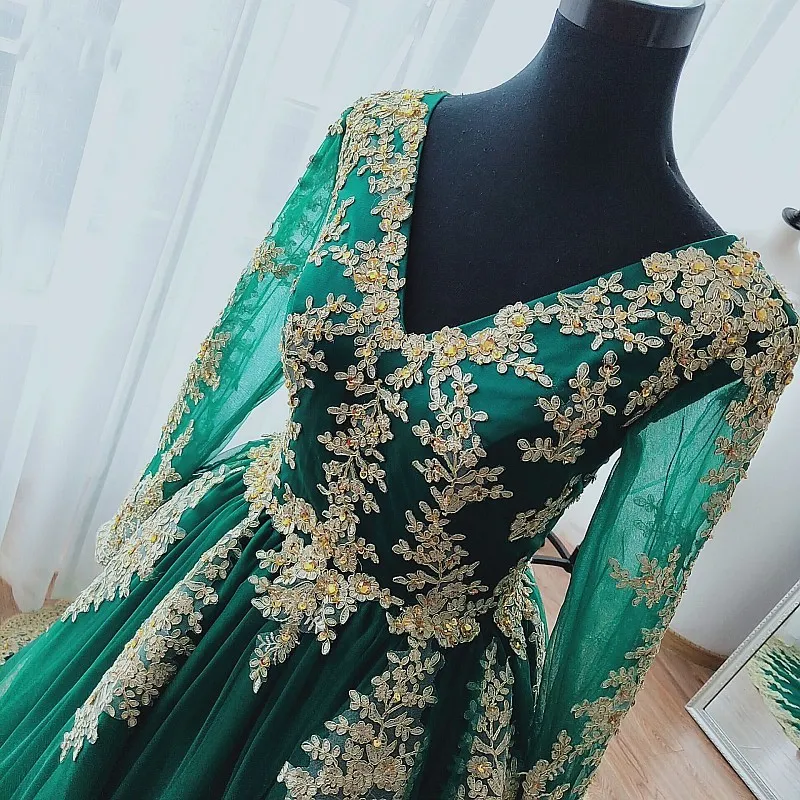 navy blue dress for baby girl Stunning 2021 Saudi Arabic Green Pakistani Wedding Dresses Online with Gold Lace Applique, Beaded Illusion Long Sleeves, and V-Neckline