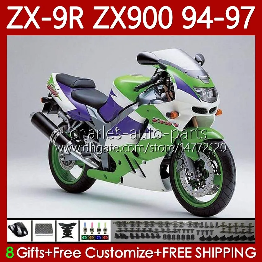 Kawasaki Ninja ZX-9R için Parlak Yeşil Yüzerlik Kiti 9R 9 R 900 CC ZX9 R ZX9R 94 95 96 97 Karoser 100NO.67 ZX900 900CC ZX-900 1994 1995 1996 1997 ZX900C 94-97 OEM Moto Vücut