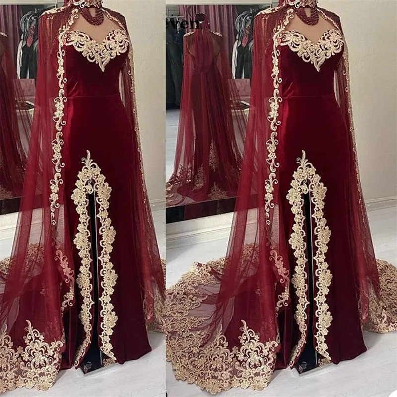 Arabic Dubai Evening Dresses With Wrap Burgundy Velvet Sleeveless Appliqued Lace Prom Dress Sweetheart Gorgeous Custom Made Robe De Soirée