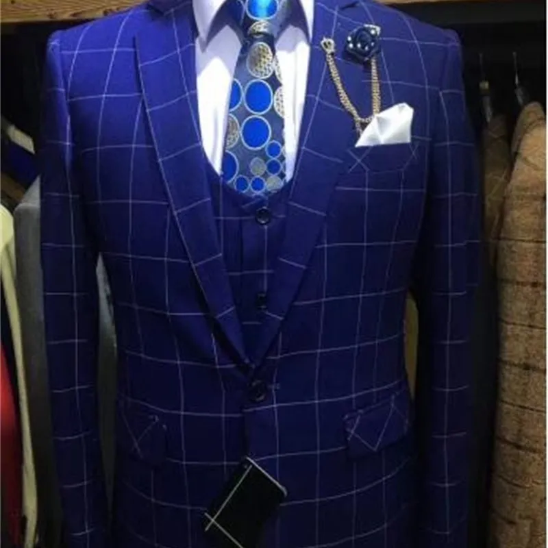 Senaste Coat Pant Designs Classic Plaid Suit Män Kungliga Blå Bröllopskläder för Män Formell Tuxedos Party Business Men Suit 3 st 201106