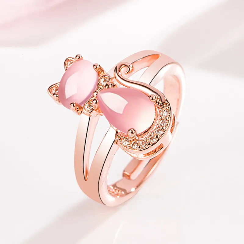 Koreansk stil Rosa Crystal Ring Kvinnors Diamond Ross Quartz Cat Ring Söt Öppet Mode