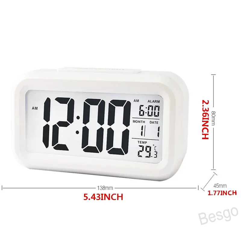 Sveglia muta LCD in plastica Orologio intelligente Temperatura Carino Fotosensibile Comodino Sveglie digitali Snooze Nightlight Calendario BH4298 WXM