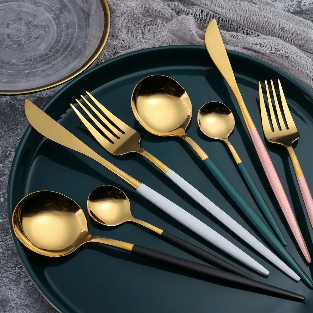 Stainless Steel Mirror Tableware Gold Knife Meal Spoon Fork Tea Spoon Flatware Simple Exquisite Western Dinner Cutlery Dinnerware YL0251