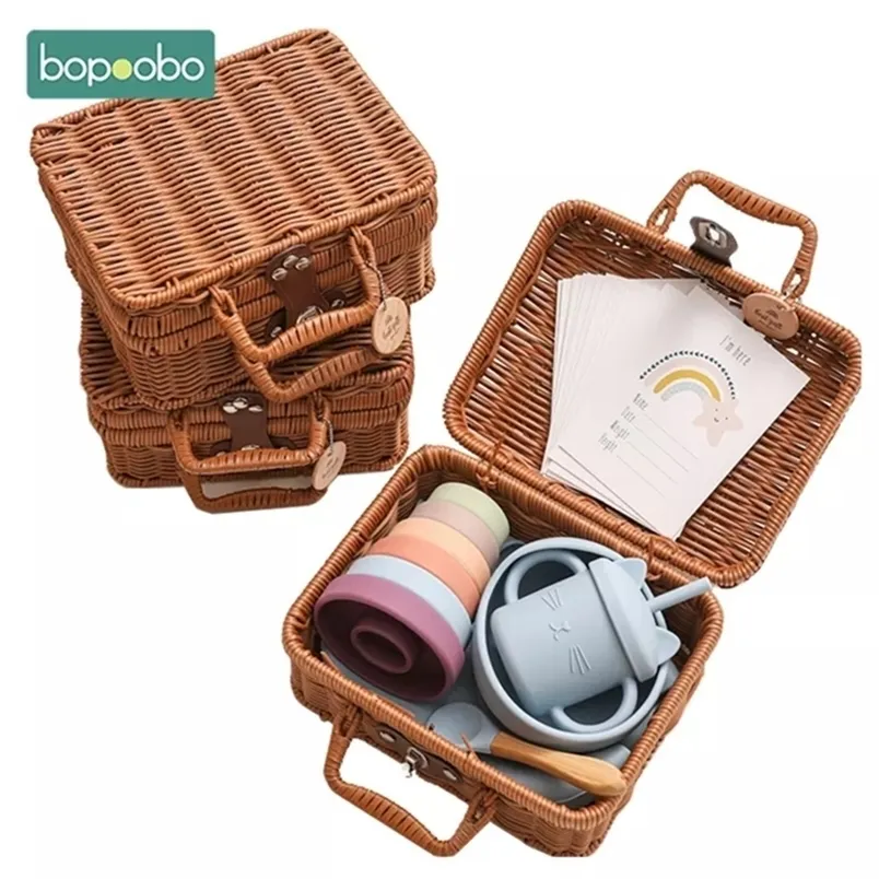 Bopoobo Bebek Besleme Sofra Kutusu Seti Hediyeler Silikon Gökkuşağı İstifleyici Oyuncak Doğum Vintage 220228