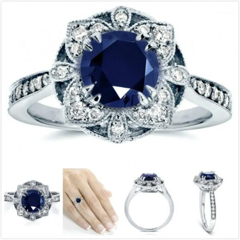 Wedding Rings USTAR Luxury Flower For Women Fashion Jewelry Shiny Blue Cubic Zircon Star Engagement Female Anel Gift1
