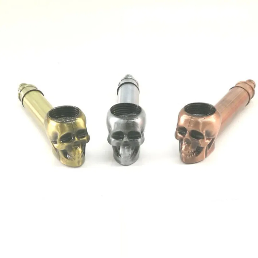 Pyrex oljebrännare Skull Tobak Rökpipor Metal Ört Pipa Med Mesh Screen Filter Twisty Metal Blunt Skull Hand Pipe för Dry Herb Vaporizer