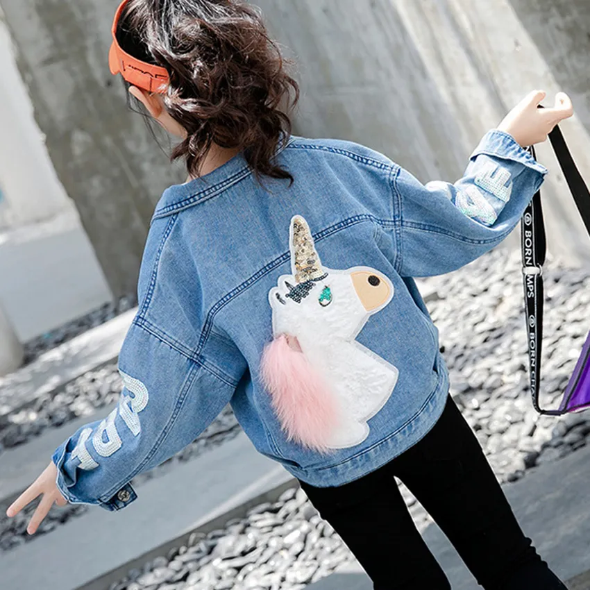 Benemaker Children's Windbreaker Unicorn Jeans Jackor för Girl Baby Coats Denim Kläder Broderi 4-14 Barn Ytterkläder YJ083 201126