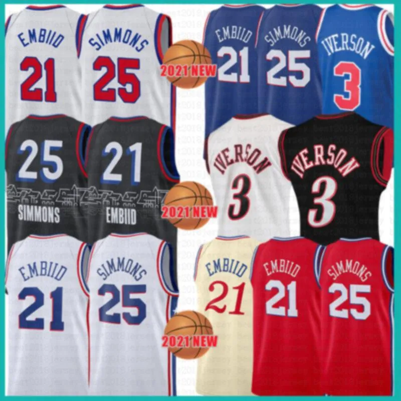 2021 Nieuwe Joel 21 Embiid Basketbal Jersey Ben 25 Simmons Mens Allen 3 Iverson Mesh Julius 6 Erving Retro Goedkope Lavendel