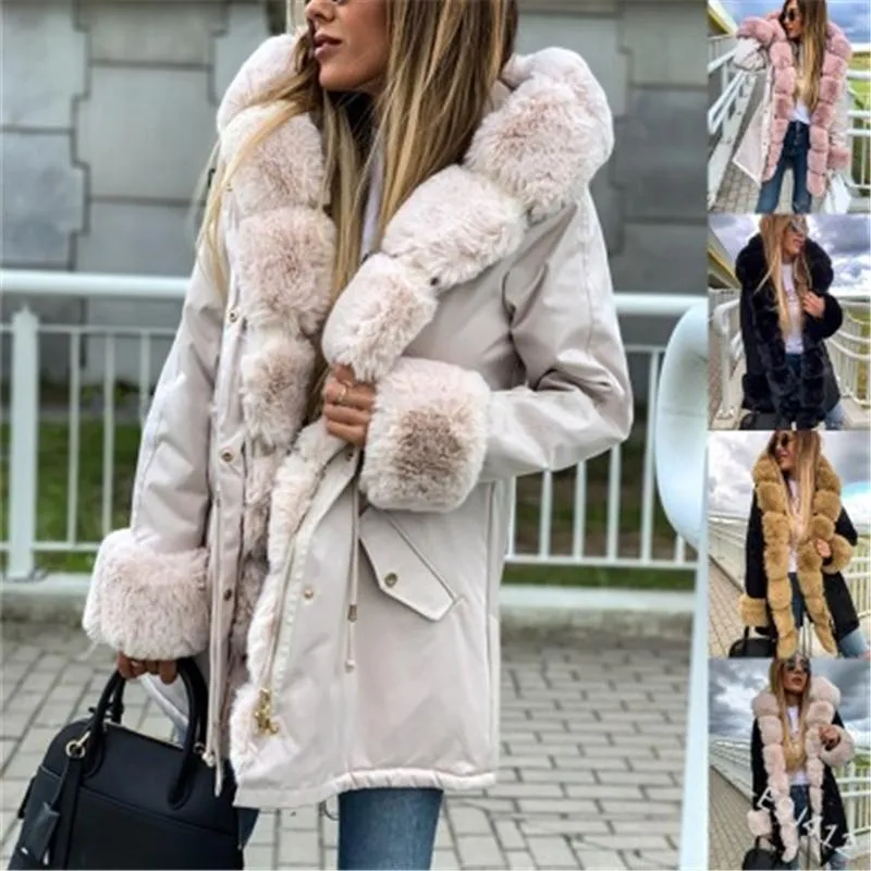 レディースの毛皮の襟のウールのブレンドコートファッションスプライシング長袖ジッパーフード付きコートデザイナー冬の女性新しいカジュアルな暖かいスリムなアウターウェア