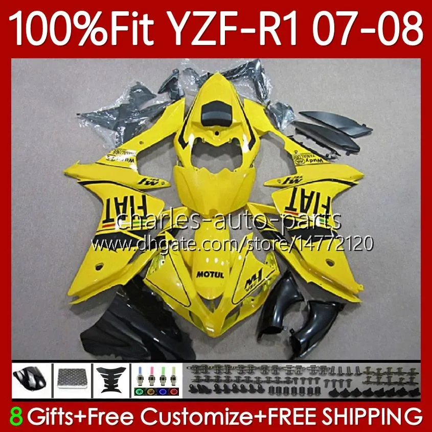 100٪ Fit OEM هيكل السيارة ل Yamaha Moto YZF-R1 YZF-1000 YZF R 1 لمعان الأصفر 1000 CC 07-08 الجسم 91NO.43 YZF R1 1000CC YZFR1 07 08 YZF1000 2007 2008 حقن العفن كيت