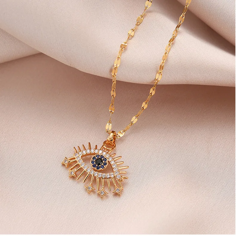 S2773 Mode Smycken Evil Eye Pendant Halsband för kvinnor Titan Stål Cystal Rhinestone Blue Eye Choker Halsband