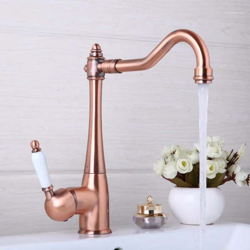 Köksfaral Partihandel - Swivel Antik Koppar Däck Monterad Mixer Tap Badrum Kran Bassäng Kall Faucet1