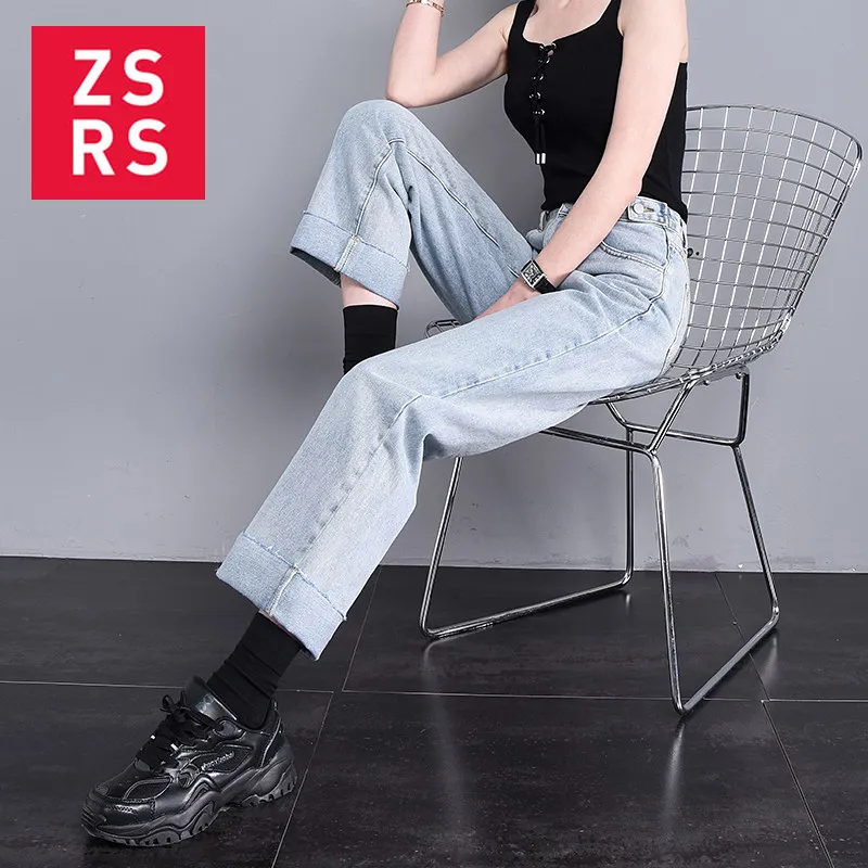 Zsrs جينز المرأة عالية الخصر الدنيم السراويل خمر شرابة الخصر ضبط مستقيم الساق الجينز أسود أزرق زائد حجم صديقها الجينز 201029
