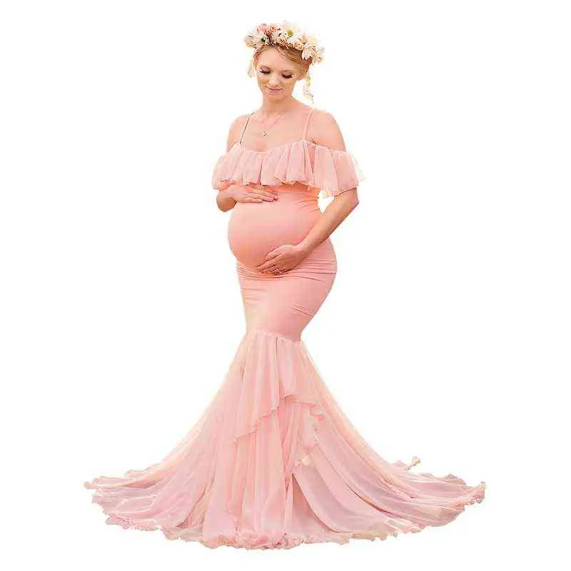 Sjöjungfru moderskap sling sexig av axel trailing klänningar för photoshoot graviditet fotografi rekvisita mode bomull maxi klänning g220309