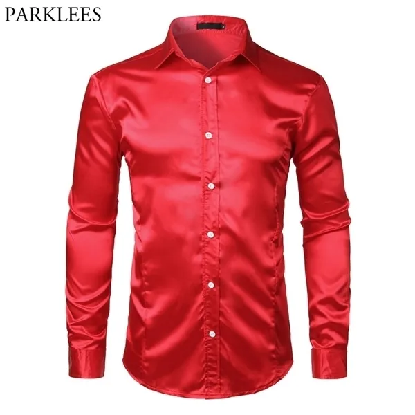 Men's Slim Fit Silk Satin Dress Shirts Wedding Groom Stage Prom Shirt Men Long Sleeve Button Down Shirt Male Chemise Homme Red C1222